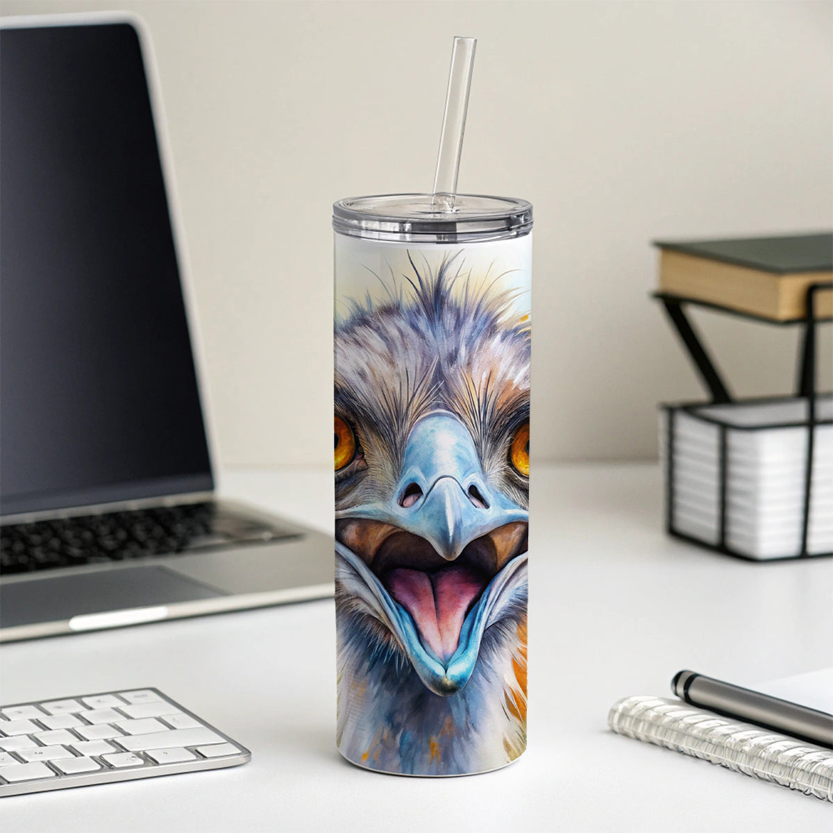 Angry Emu Watercolor Skinny Tumbler 20oz with Straw Insulated Water Bottle Gift