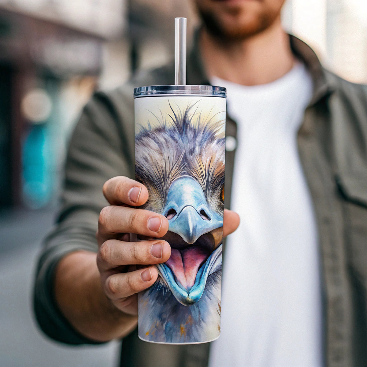 Angry Emu Watercolor Skinny Tumbler 20oz with Straw Insulated Water Bottle Gift
