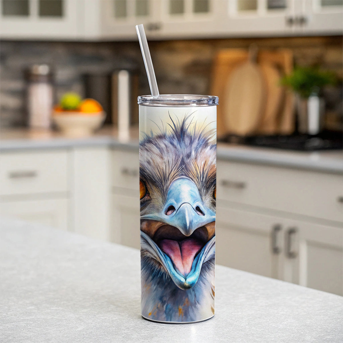 Angry Emu Watercolor Skinny Tumbler 20oz with Straw Insulated Water Bottle Gift