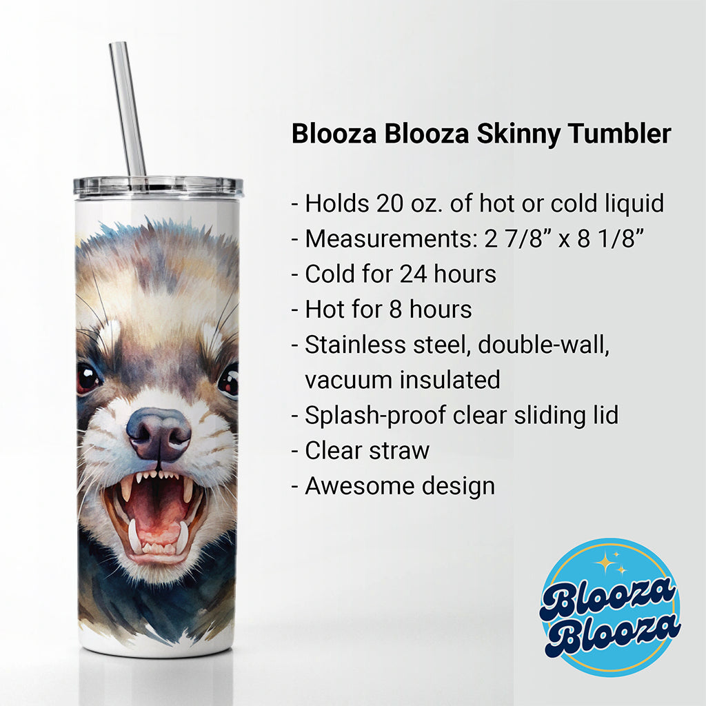 Angry Ferret Watercolor Skinny Tumbler 20oz with Straw Insulated Water Bottle Gift