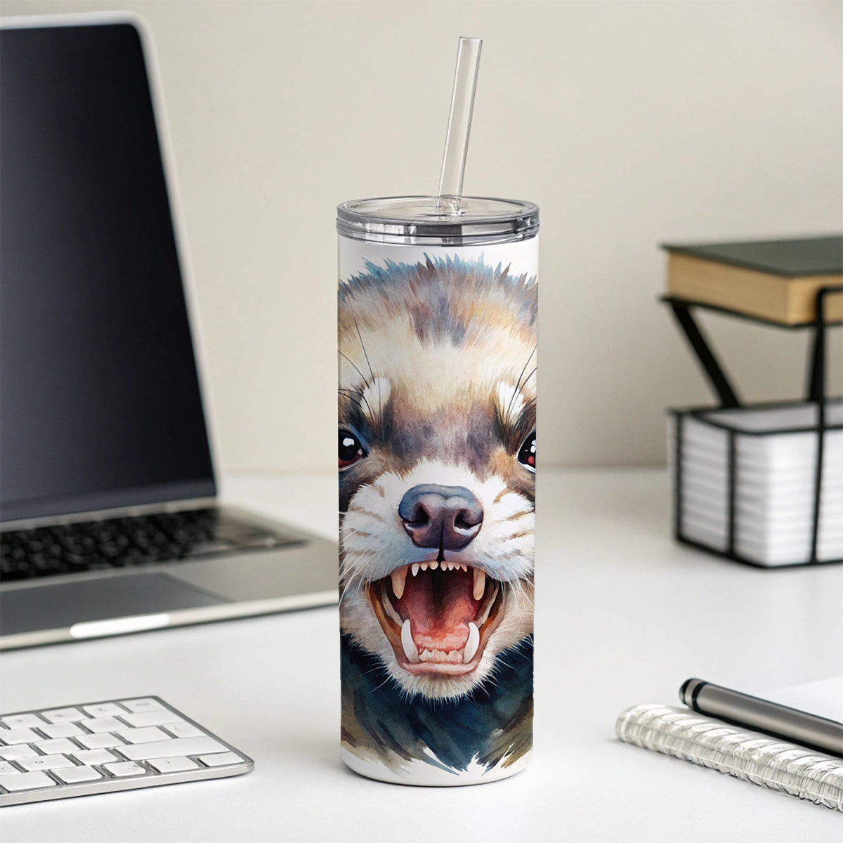 Angry Ferret Watercolor Skinny Tumbler 20oz with Straw Insulated Water Bottle Gift