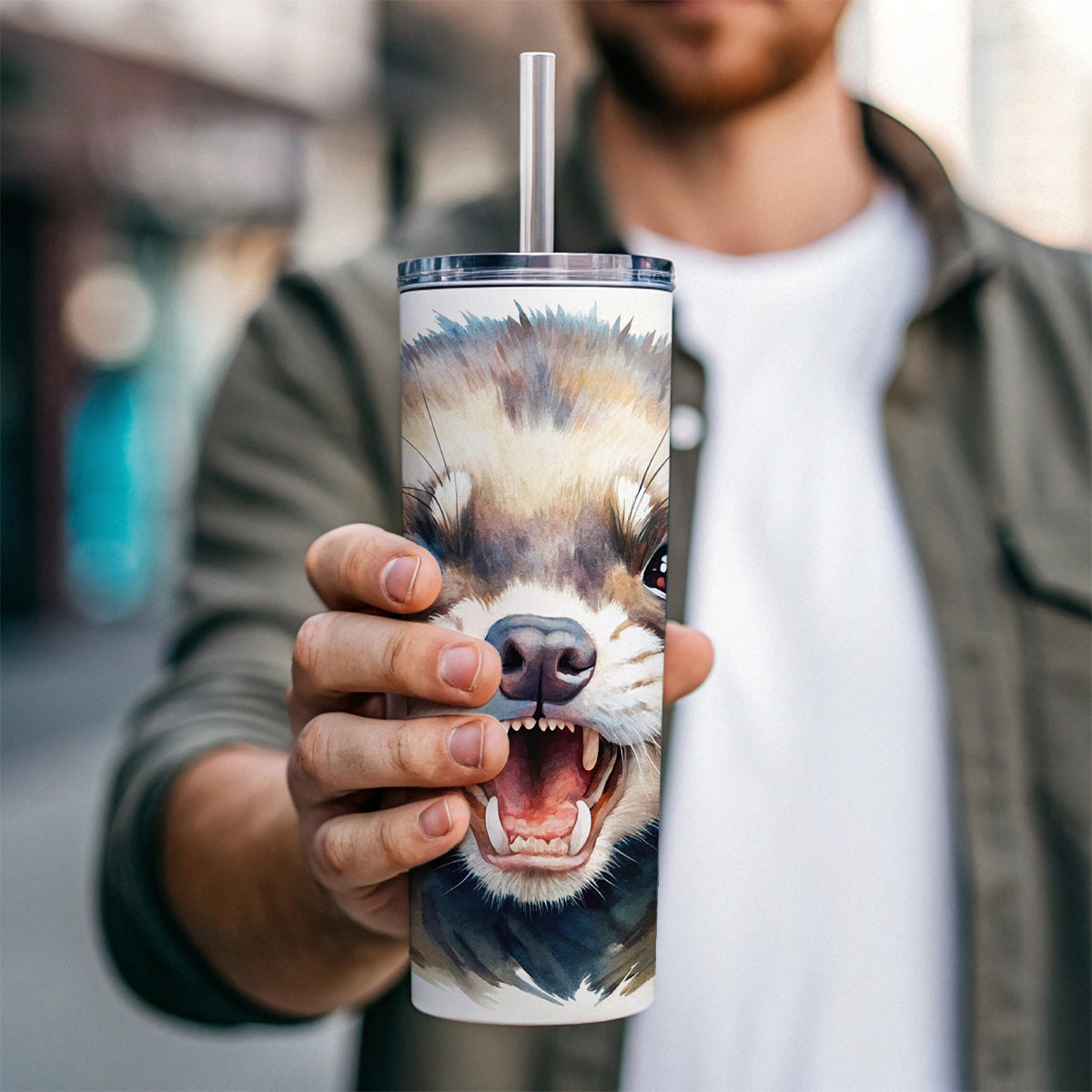 Angry Ferret Watercolor Skinny Tumbler 20oz with Straw Insulated Water Bottle Gift