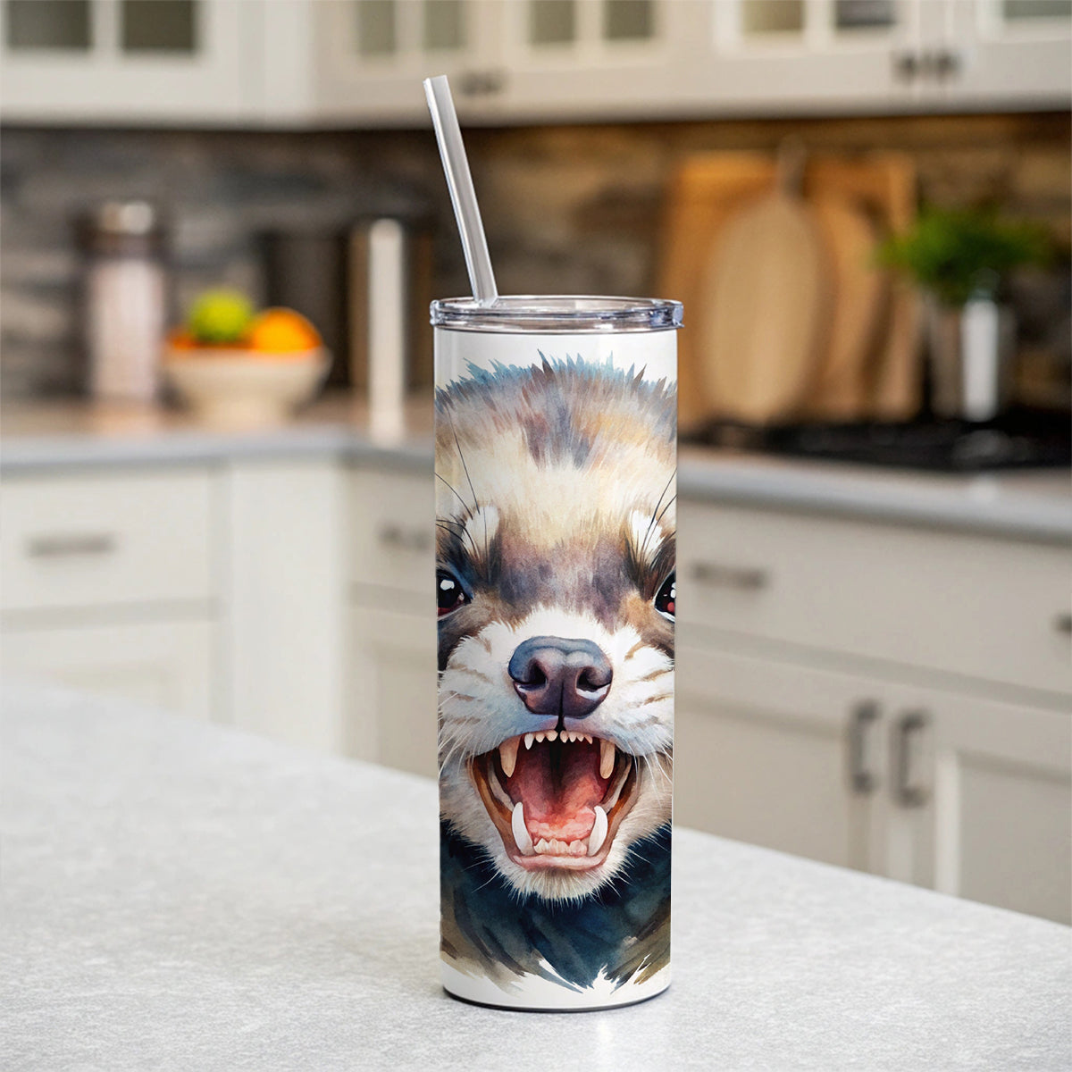 Angry Ferret Watercolor Skinny Tumbler 20oz with Straw Insulated Water Bottle Gift