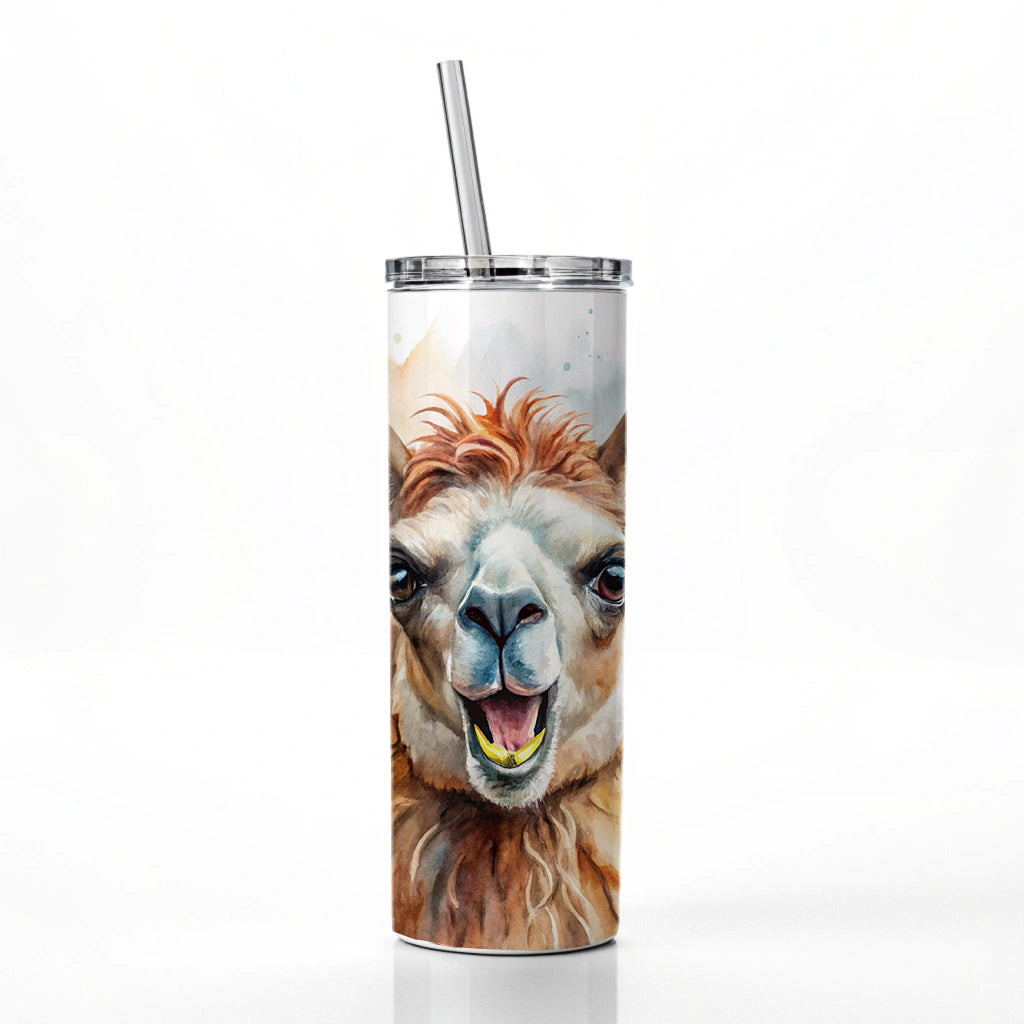 Angry Llama Watercolor Skinny Tumbler 20oz with Straw Insulated Water Bottle Gift