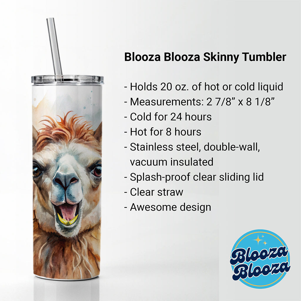 Angry Llama Watercolor Skinny Tumbler 20oz with Straw Insulated Water Bottle Gift