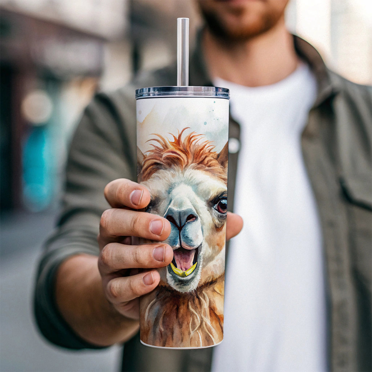 Angry Llama Watercolor Skinny Tumbler 20oz with Straw Insulated Water Bottle Gift
