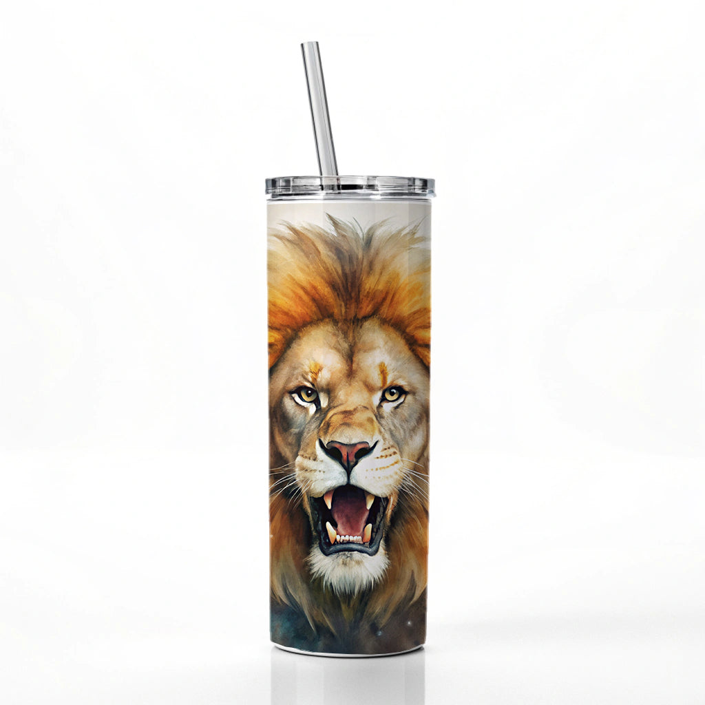 Angry Male Lion Watercolor Skinny Tumbler 20oz with Straw Insulated Water Bottle Gift