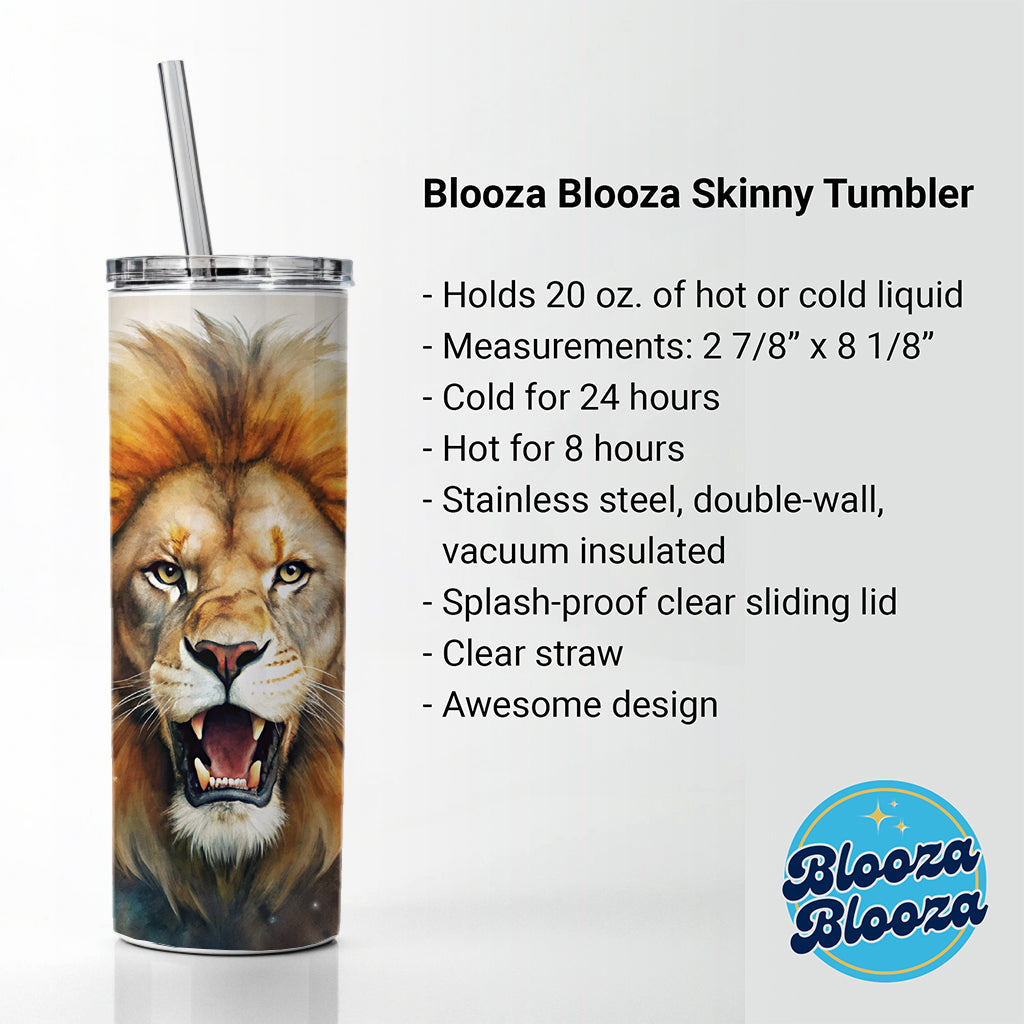 Angry Male Lion Watercolor Skinny Tumbler 20oz with Straw Insulated Water Bottle Gift