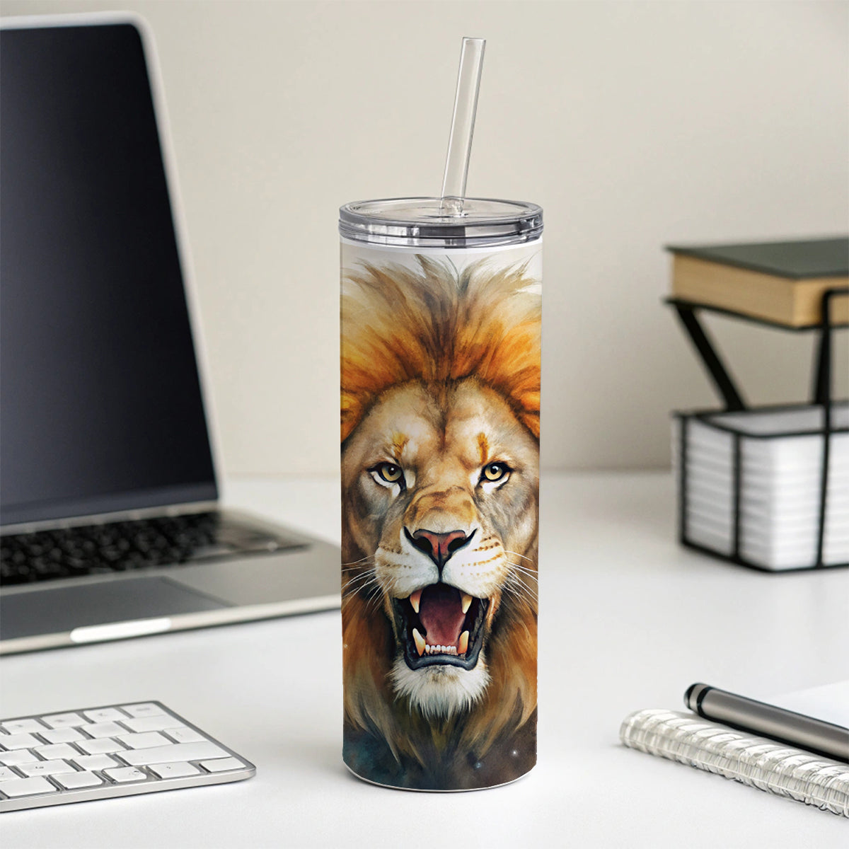 Angry Male Lion Watercolor Skinny Tumbler 20oz with Straw Insulated Water Bottle Gift