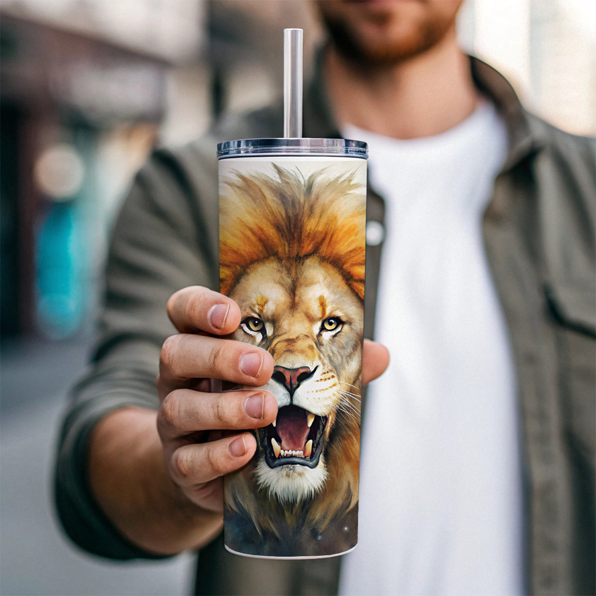 Angry Male Lion Watercolor Skinny Tumbler 20oz with Straw Insulated Water Bottle Gift
