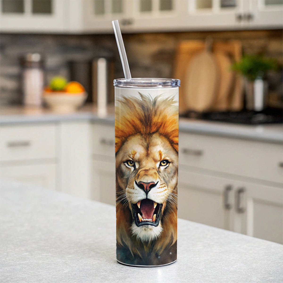 Angry Male Lion Watercolor Skinny Tumbler 20oz with Straw Insulated Water Bottle Gift