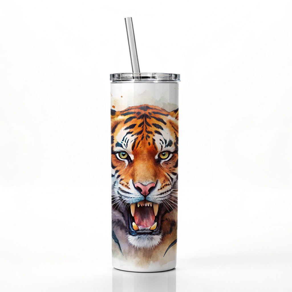 Angry Tiger Watercolor Skinny Tumbler 20oz with Straw Insulated Water Bottle Gift