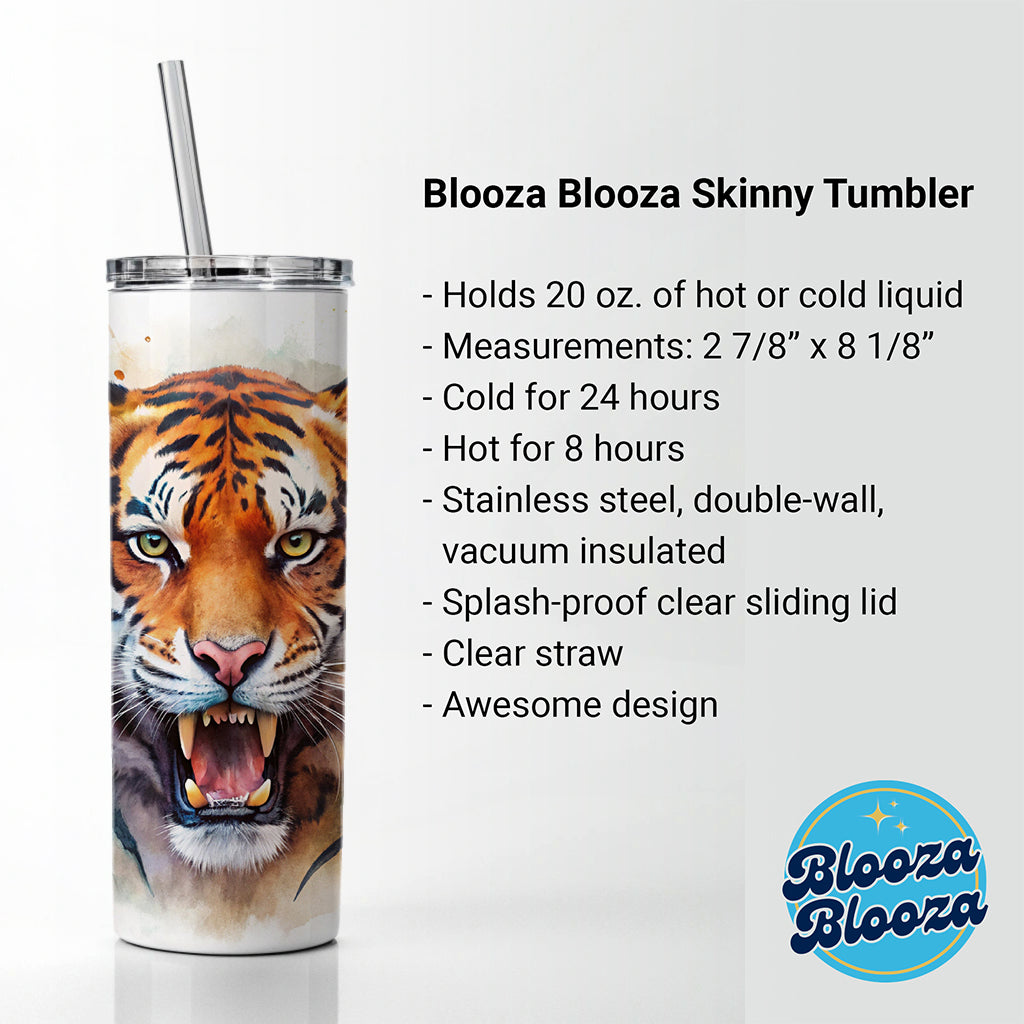 Angry Tiger Watercolor Skinny Tumbler 20oz with Straw Insulated Water Bottle Gift