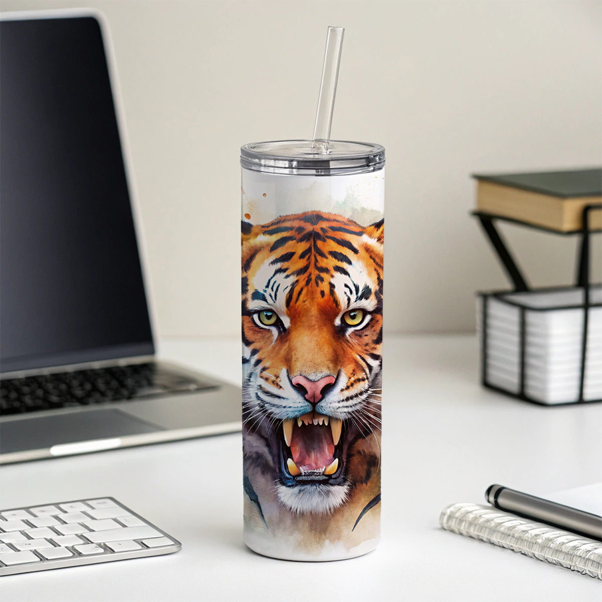 Angry Tiger Watercolor Skinny Tumbler 20oz with Straw Insulated Water Bottle Gift