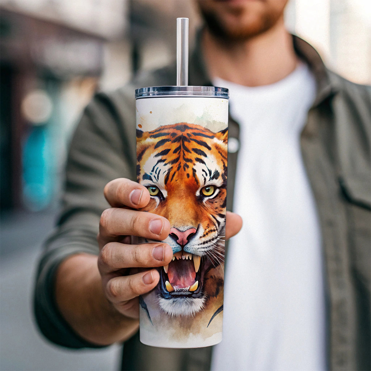 Angry Tiger Watercolor Skinny Tumbler 20oz with Straw Insulated Water Bottle Gift