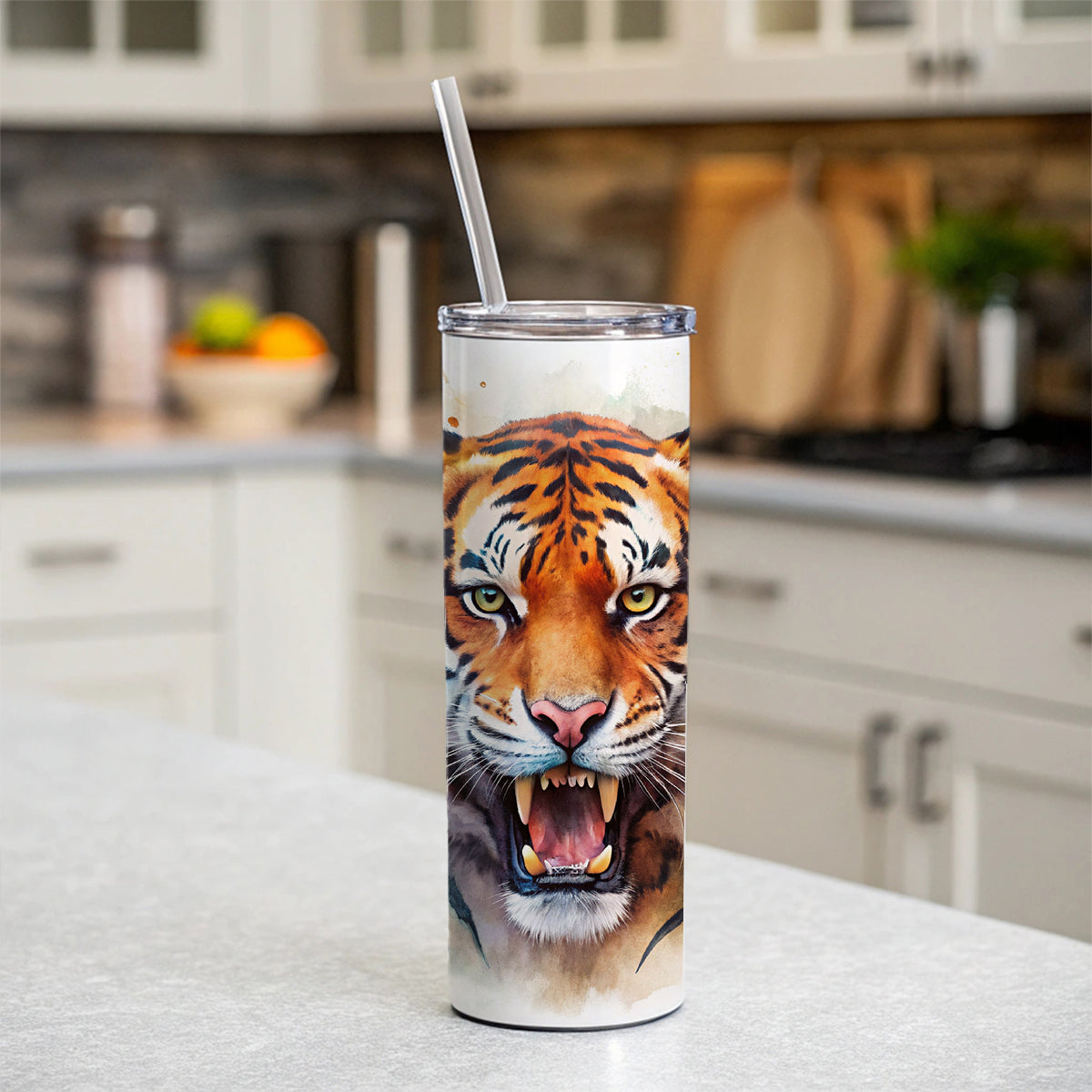 Angry Tiger Watercolor Skinny Tumbler 20oz with Straw Insulated Water Bottle Gift