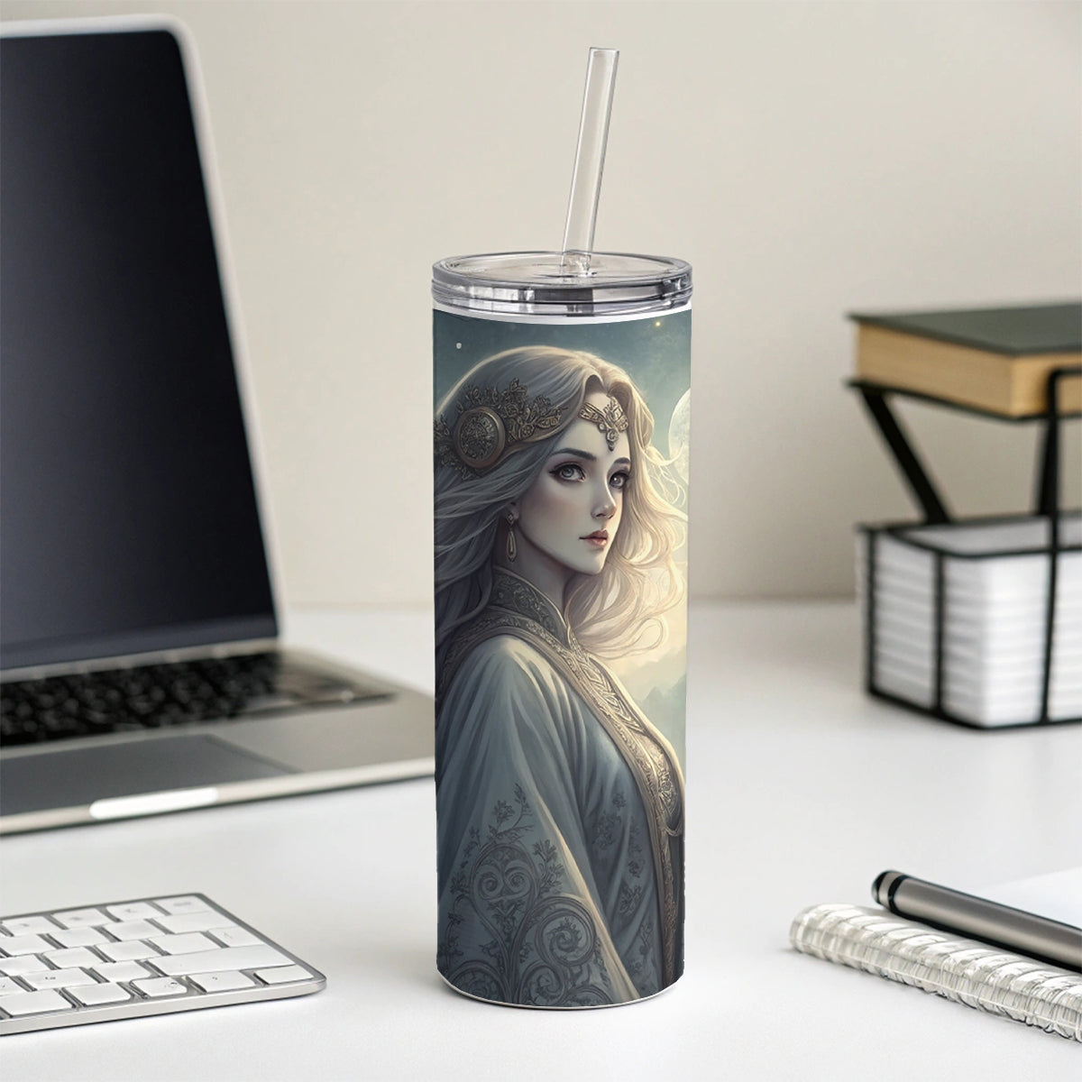 Anime Style Fantasy Princess Elf White Scene Skinny Tumbler 20oz with Straw Insulated Water Bottle Gift