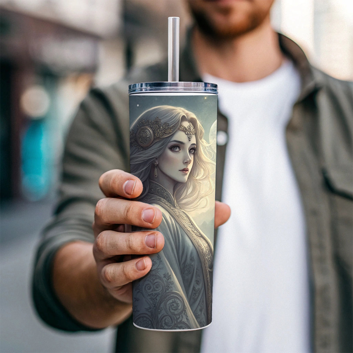 Anime Style Fantasy Princess Elf White Scene Skinny Tumbler 20oz with Straw Insulated Water Bottle Gift