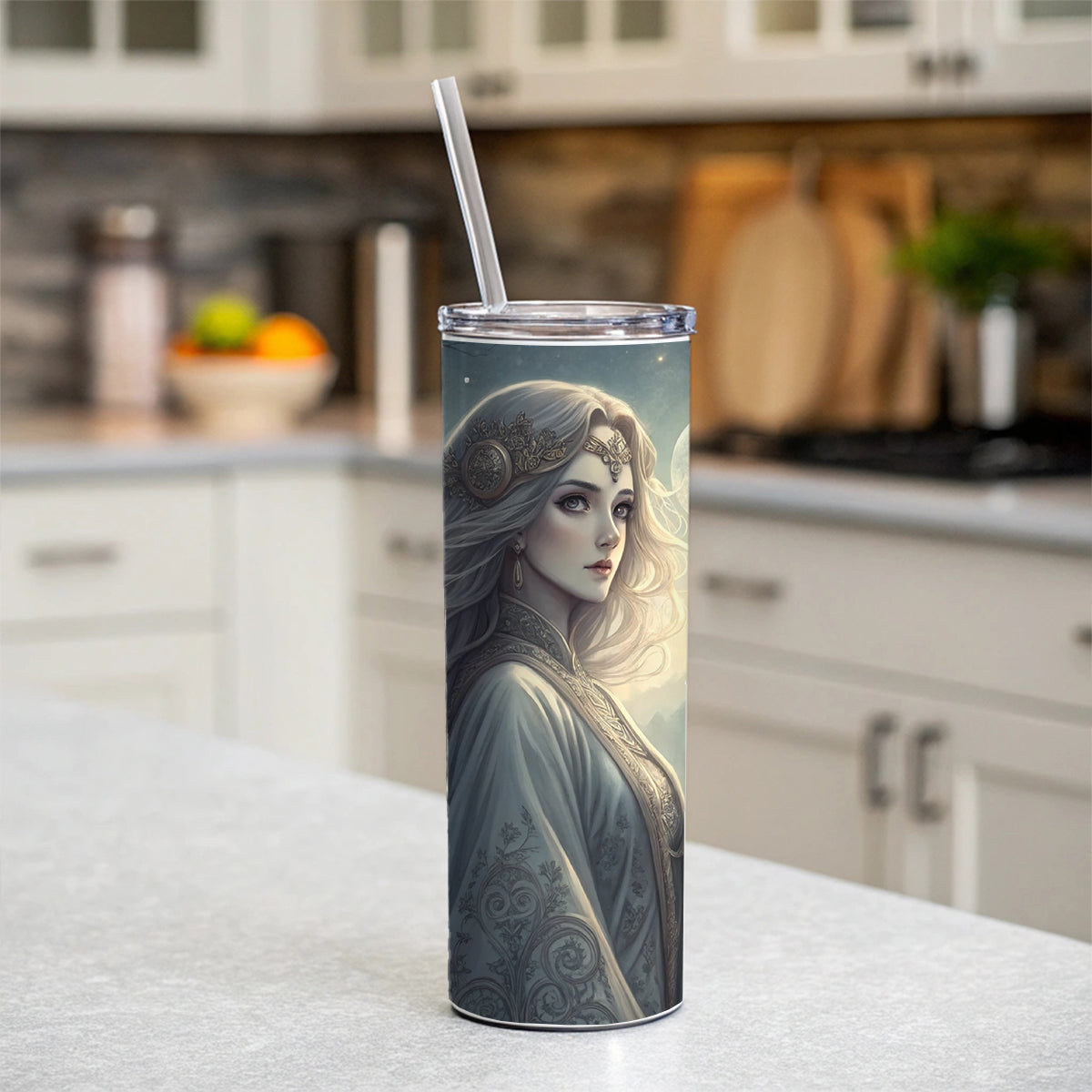 Anime Style Fantasy Princess Elf White Scene Skinny Tumbler 20oz with Straw Insulated Water Bottle Gift