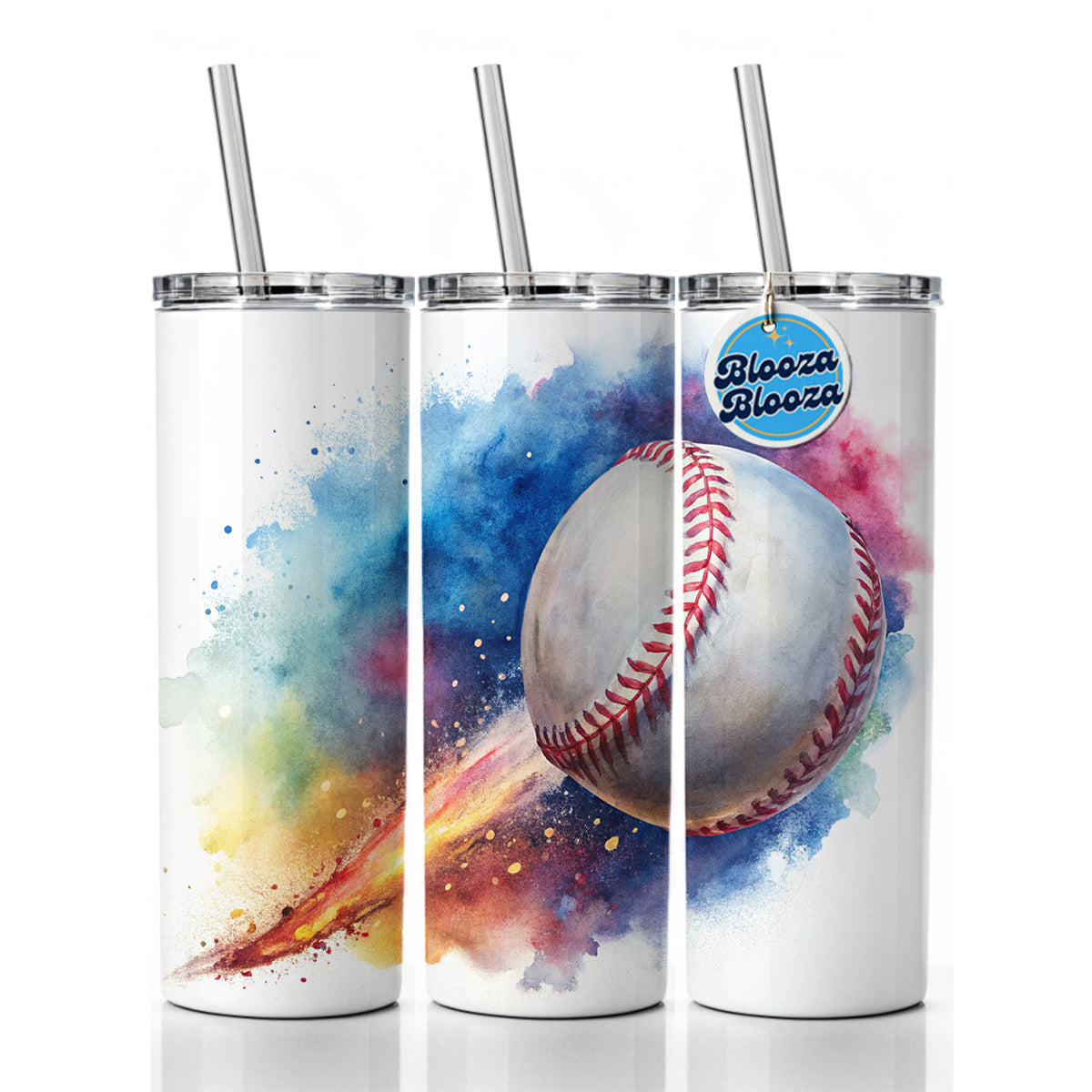 Baseball Rocketing Through The Air Watercolor Skinny Tumbler 20oz with Straw Insulated Water Bottle Gift