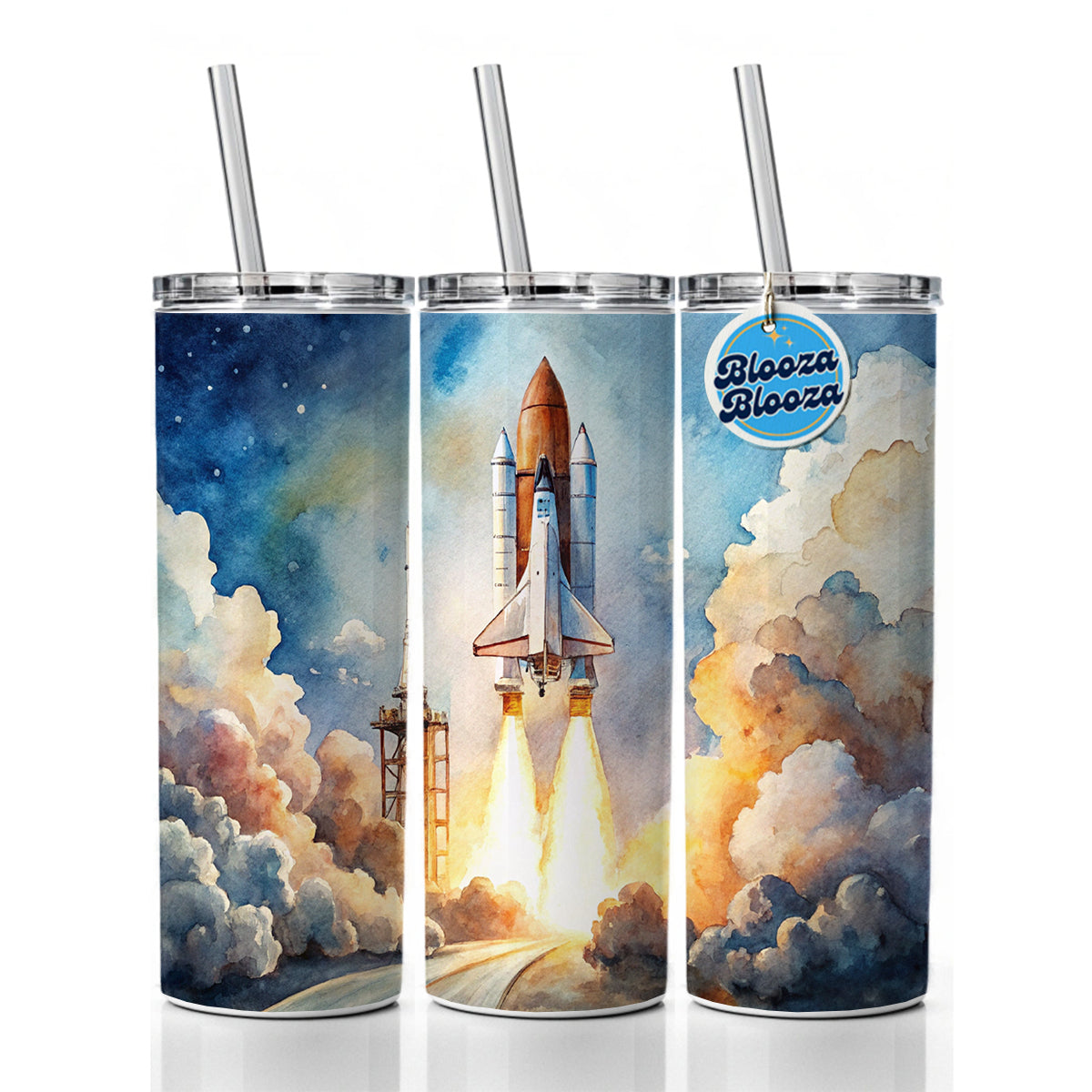 Classic Space Shuttle Launch Watercolor Skinny Tumbler 20oz with Straw Insulated Water Bottle Gift