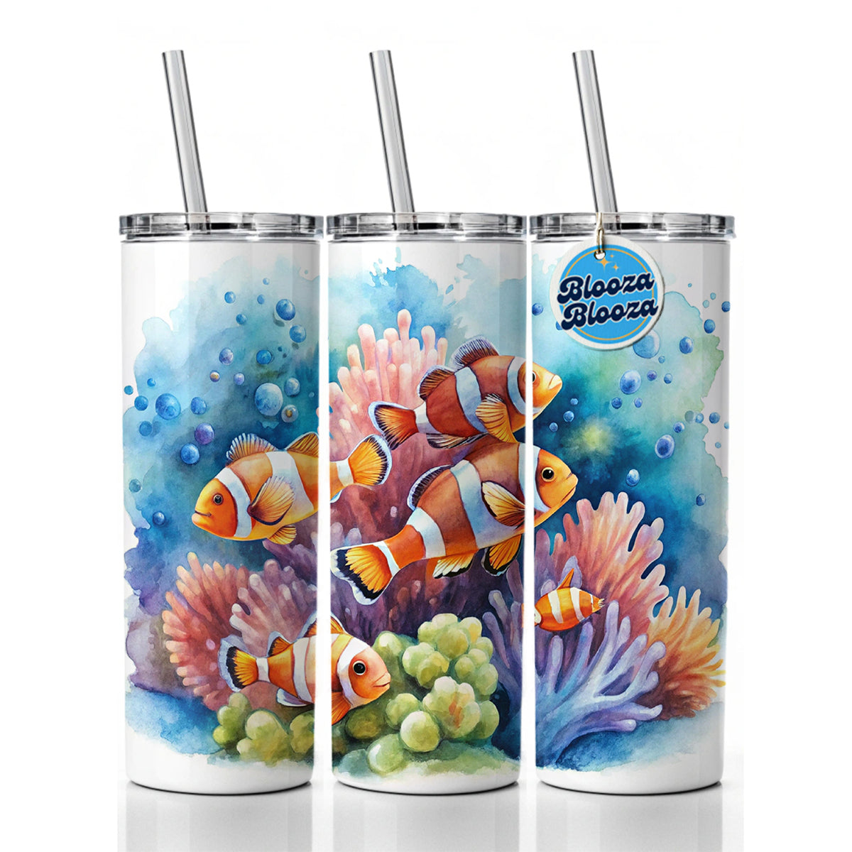 Clown Fish Swimming Around Coral Watercolor Skinny Tumbler 20oz with Straw Insulated Water Bottle Gift