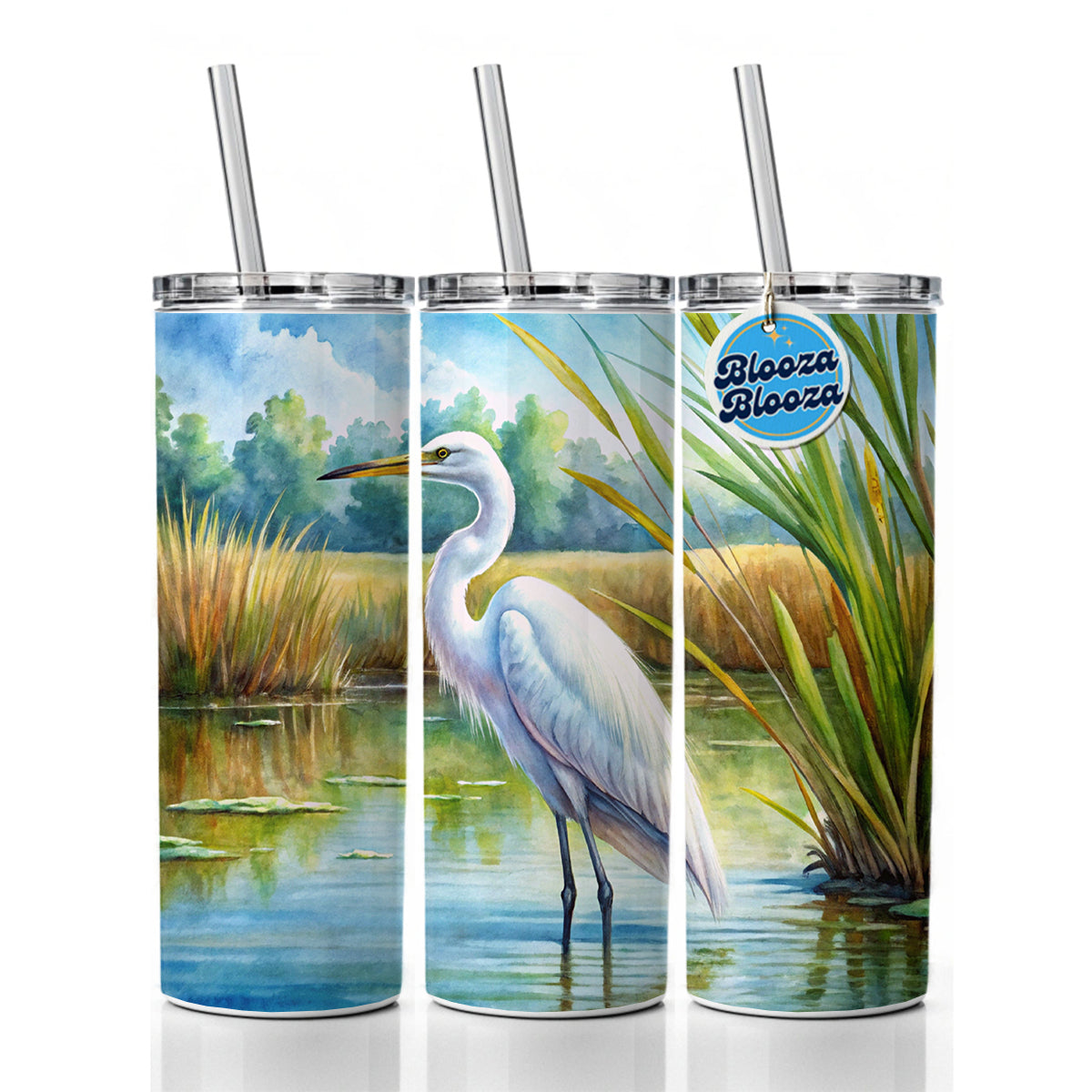 Egret Standing In Marshes Watercolor Skinny Tumbler 20oz with Straw Insulated Water Bottle Gift