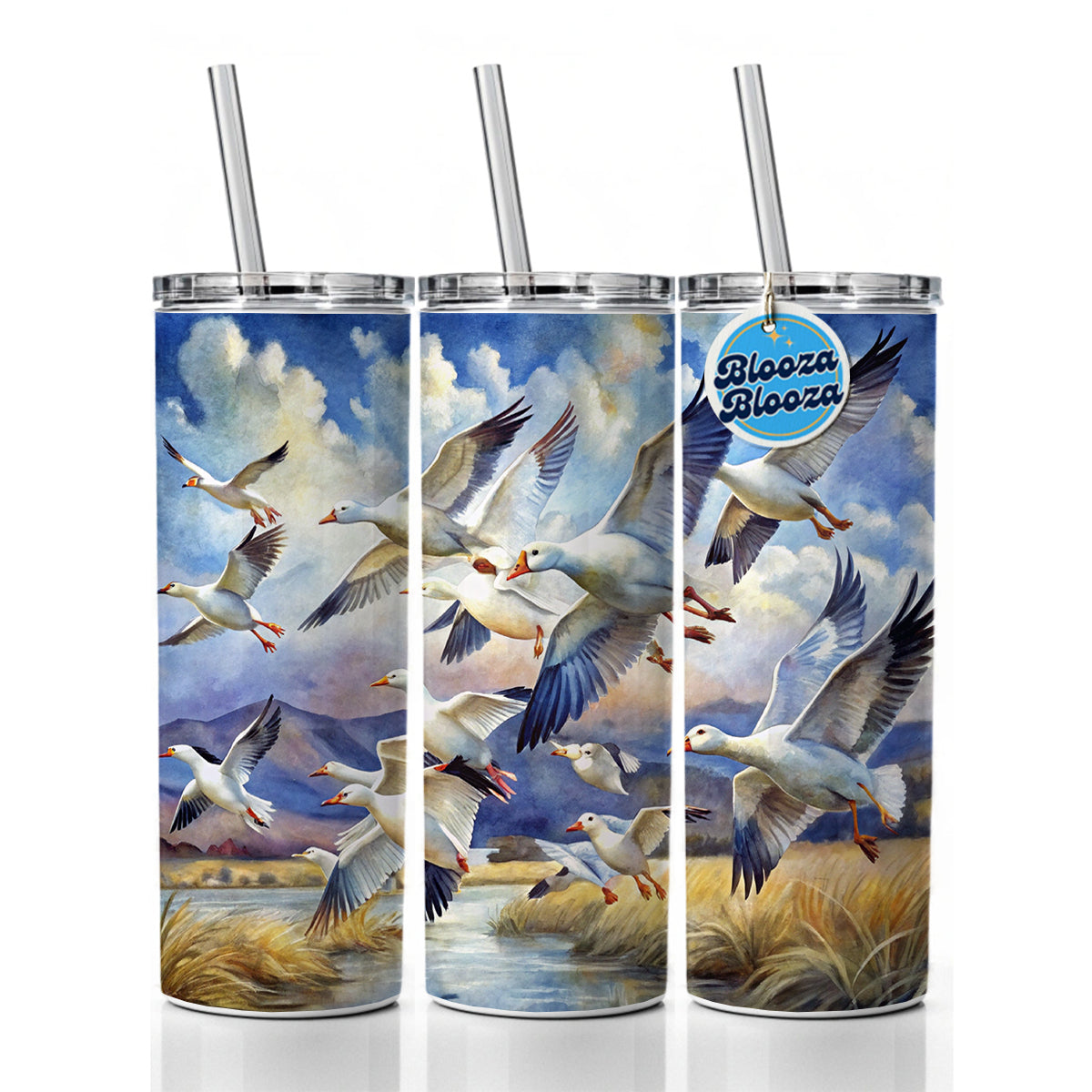 Flock Of Snow Geese In Flight Watercolor Skinny Tumbler 20oz with Straw Insulated Water Bottle Gift