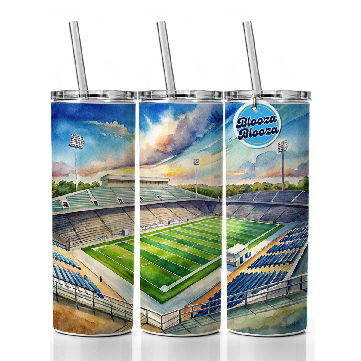 Football Game Field As Seen From Stadium Stands Watercolor Skinny Tumbler 20oz with Straw Insulated Water Bottle Gift