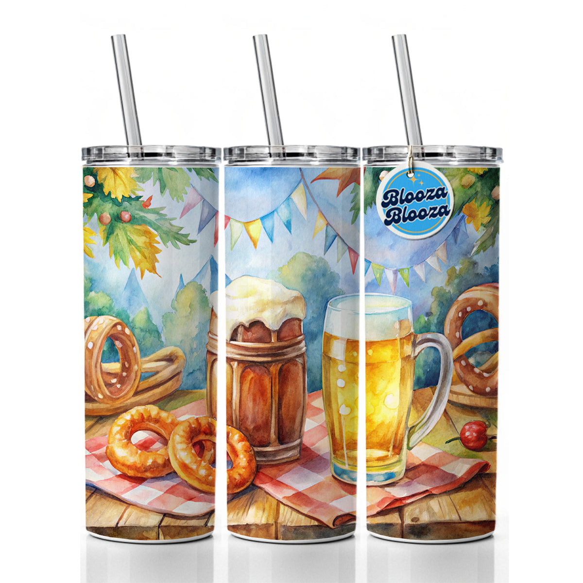 German Oktoberfest Beer Pretzel Watercolor Skinny Tumbler 20oz with Straw Insulated Water Bottle Gift