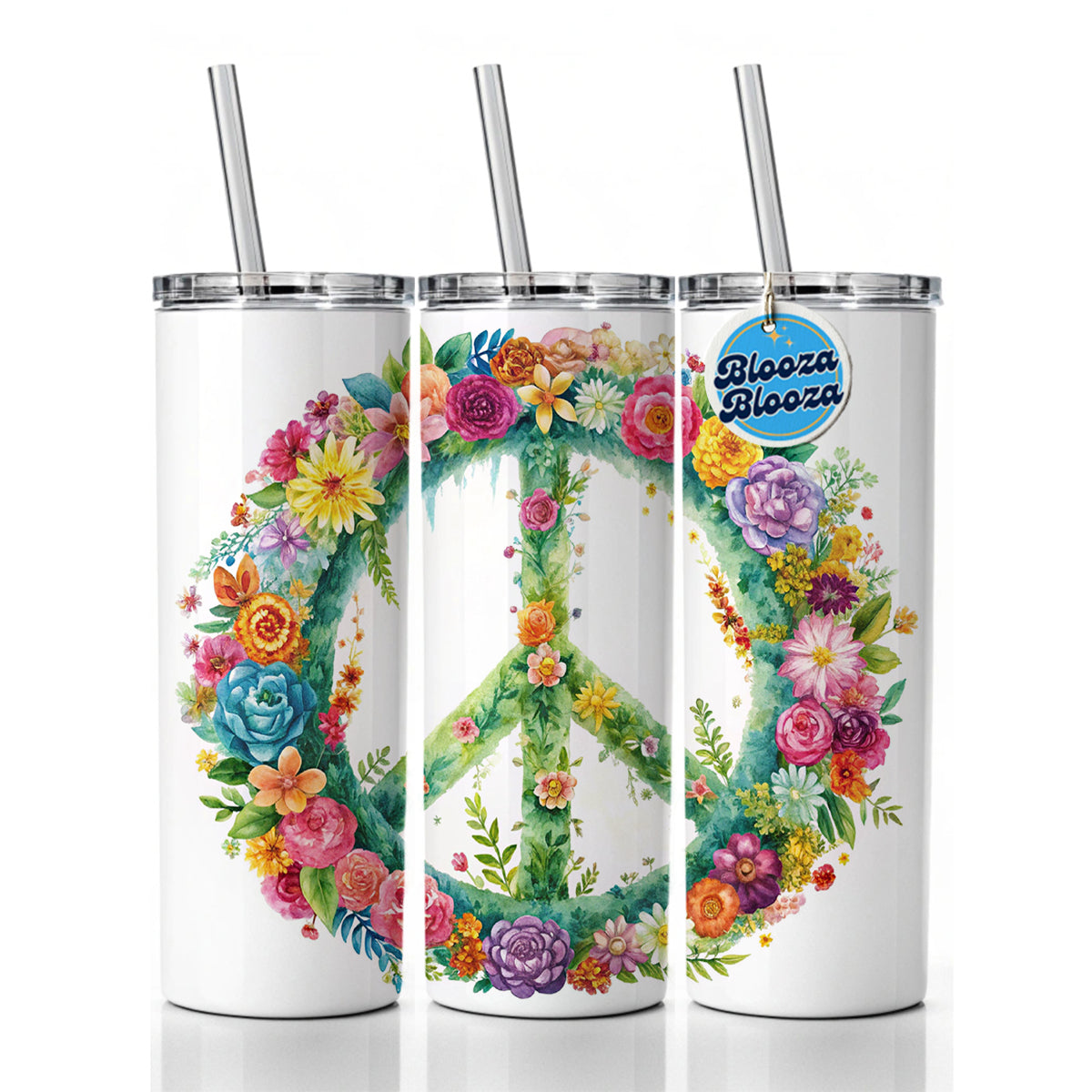 Peace Symbol Floral Watercolor Skinny Tumbler 20oz with Straw Insulated Water Bottle Gift