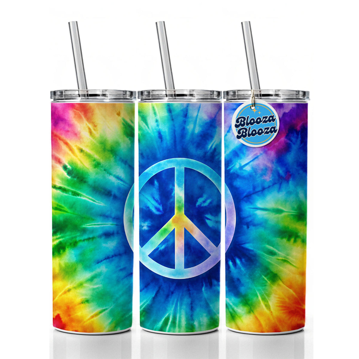Peace Symbol Rainbow Hippie Tie Dye Background Skinny Tumbler 20oz with Straw Insulated Water Bottle Gift