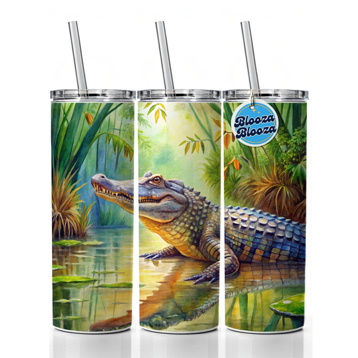 Alligator Crocodile In Swamp Skinny Tumbler 20oz with Straw Insulated Water Bottle Gift