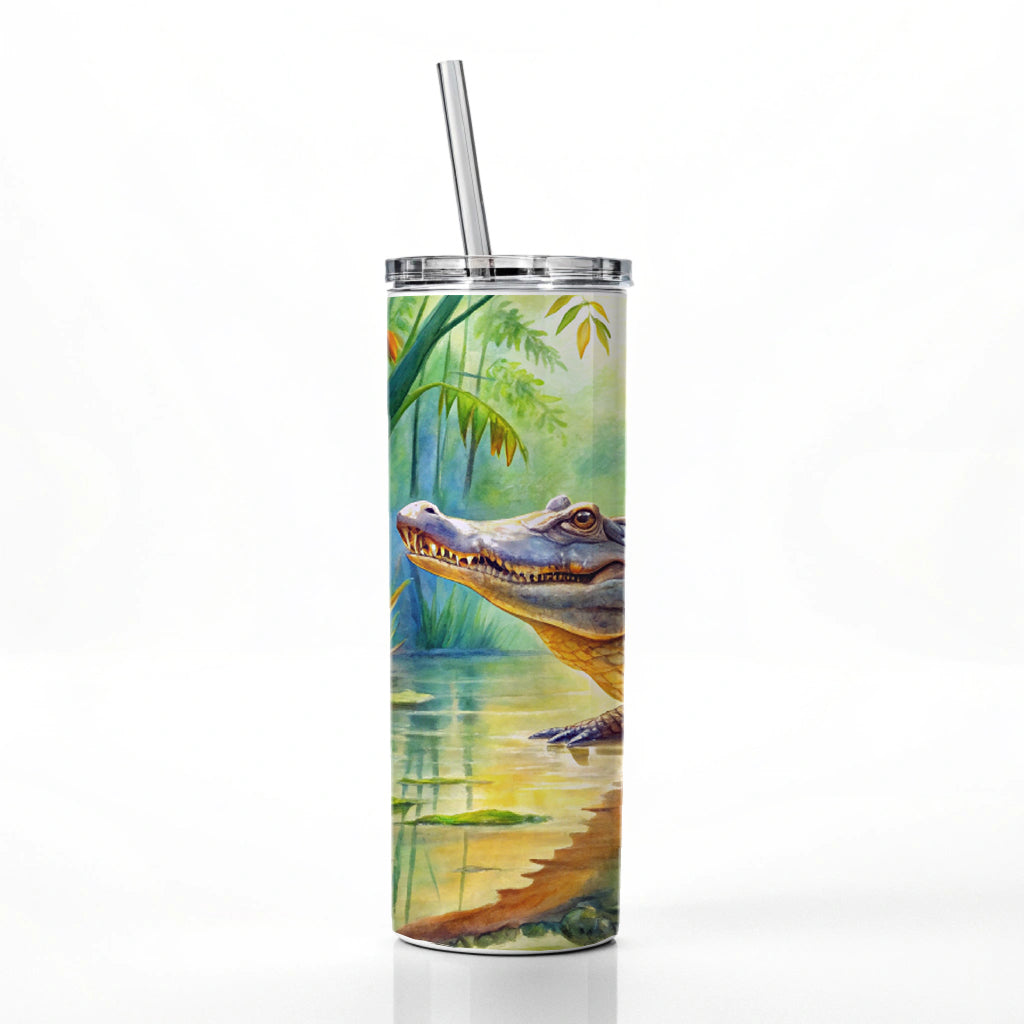 Alligator Crocodile In Swamp Skinny Tumbler 20oz with Straw Insulated Water Bottle Gift