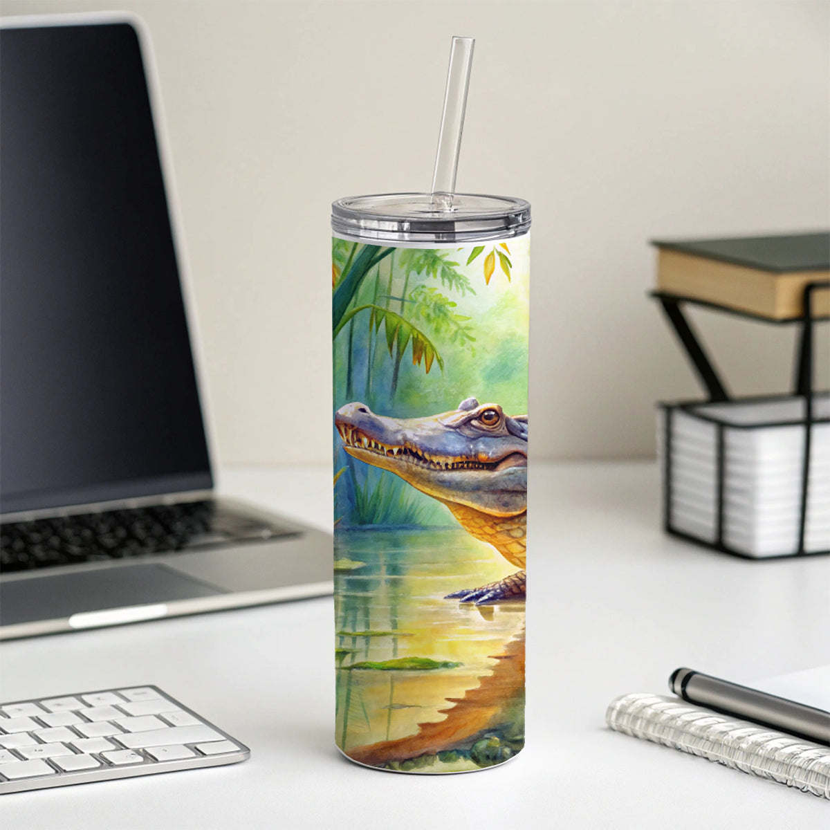 Alligator Crocodile In Swamp Skinny Tumbler 20oz with Straw Insulated Water Bottle Gift