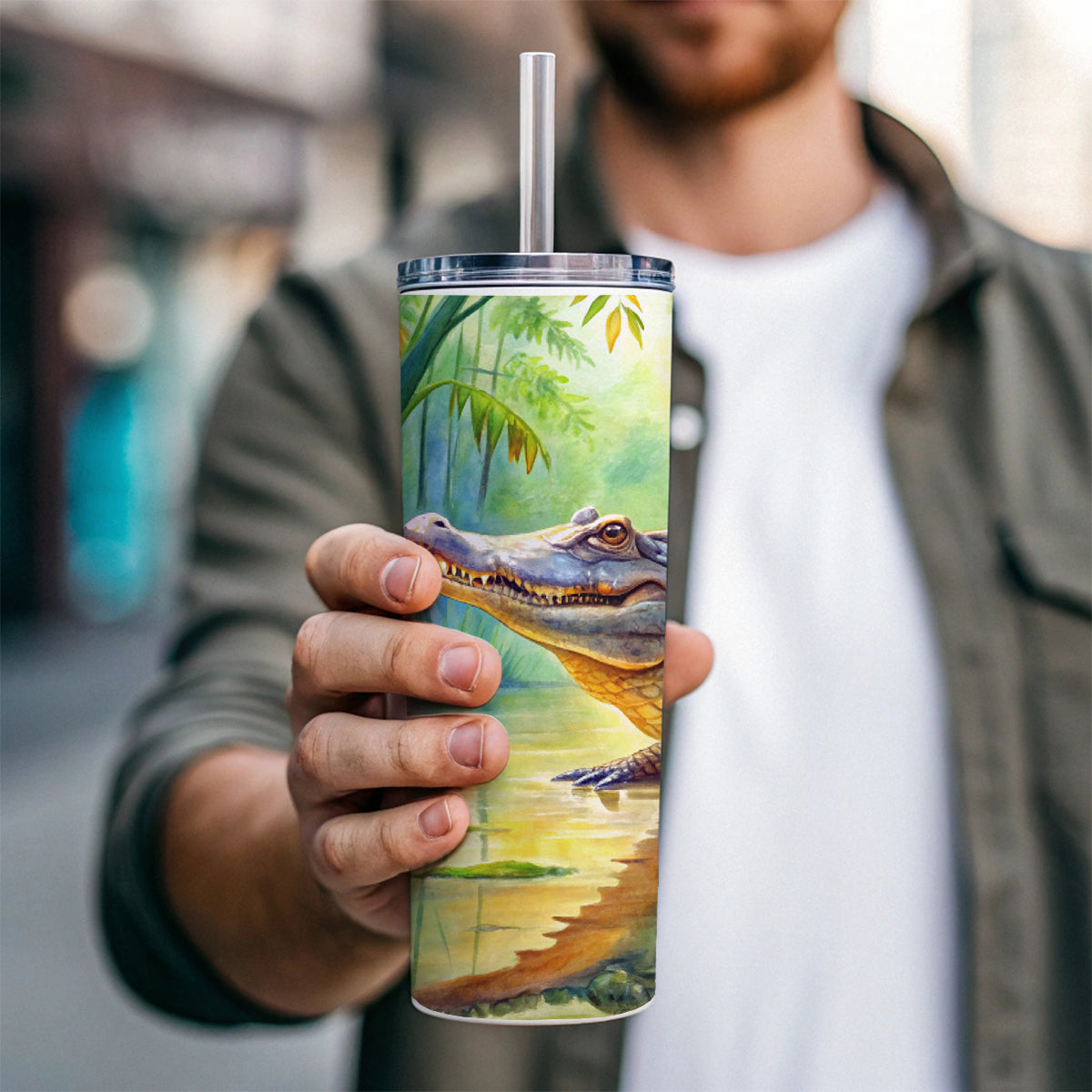 Alligator Crocodile In Swamp Skinny Tumbler 20oz with Straw Insulated Water Bottle Gift