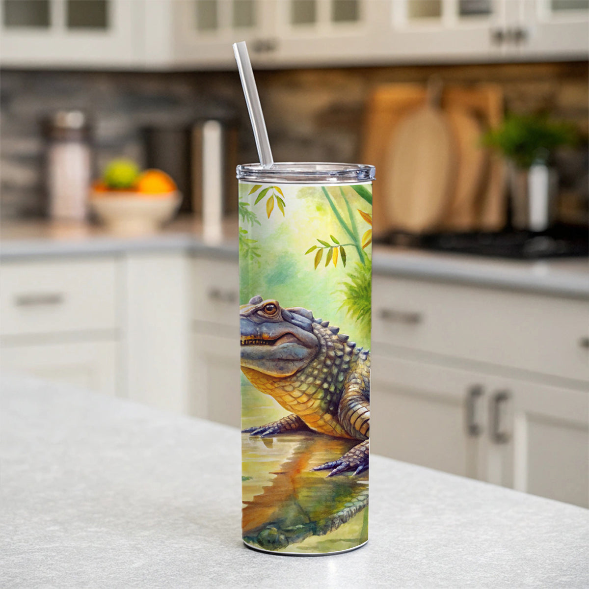 Alligator Crocodile In Swamp Skinny Tumbler 20oz with Straw Insulated Water Bottle Gift