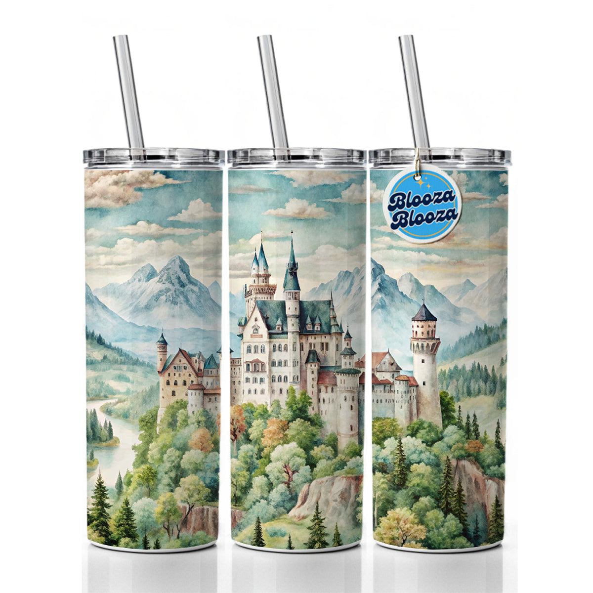 German Castle Watercolor Neuschwanstein Skinny Tumbler 20oz with Straw Insulated Water Bottle Gift