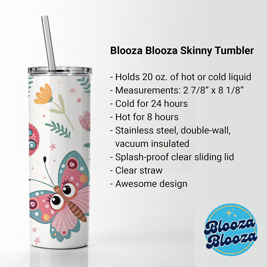 Adorable Butterflies Skinny Tumbler 20oz with Straw Insulated Water Bottle Gift