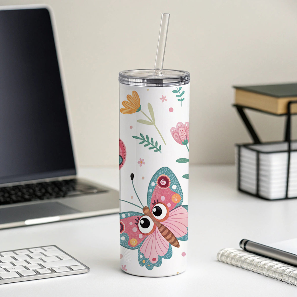 Adorable Butterflies Skinny Tumbler 20oz with Straw Insulated Water Bottle Gift