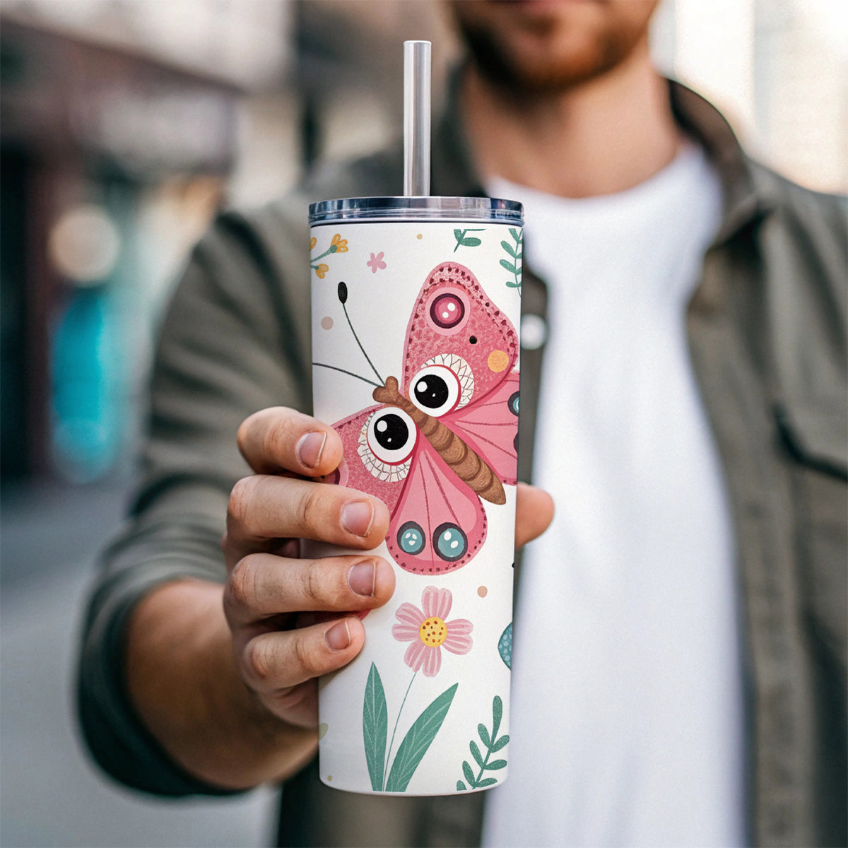 Adorable Butterflies Skinny Tumbler 20oz with Straw Insulated Water Bottle Gift