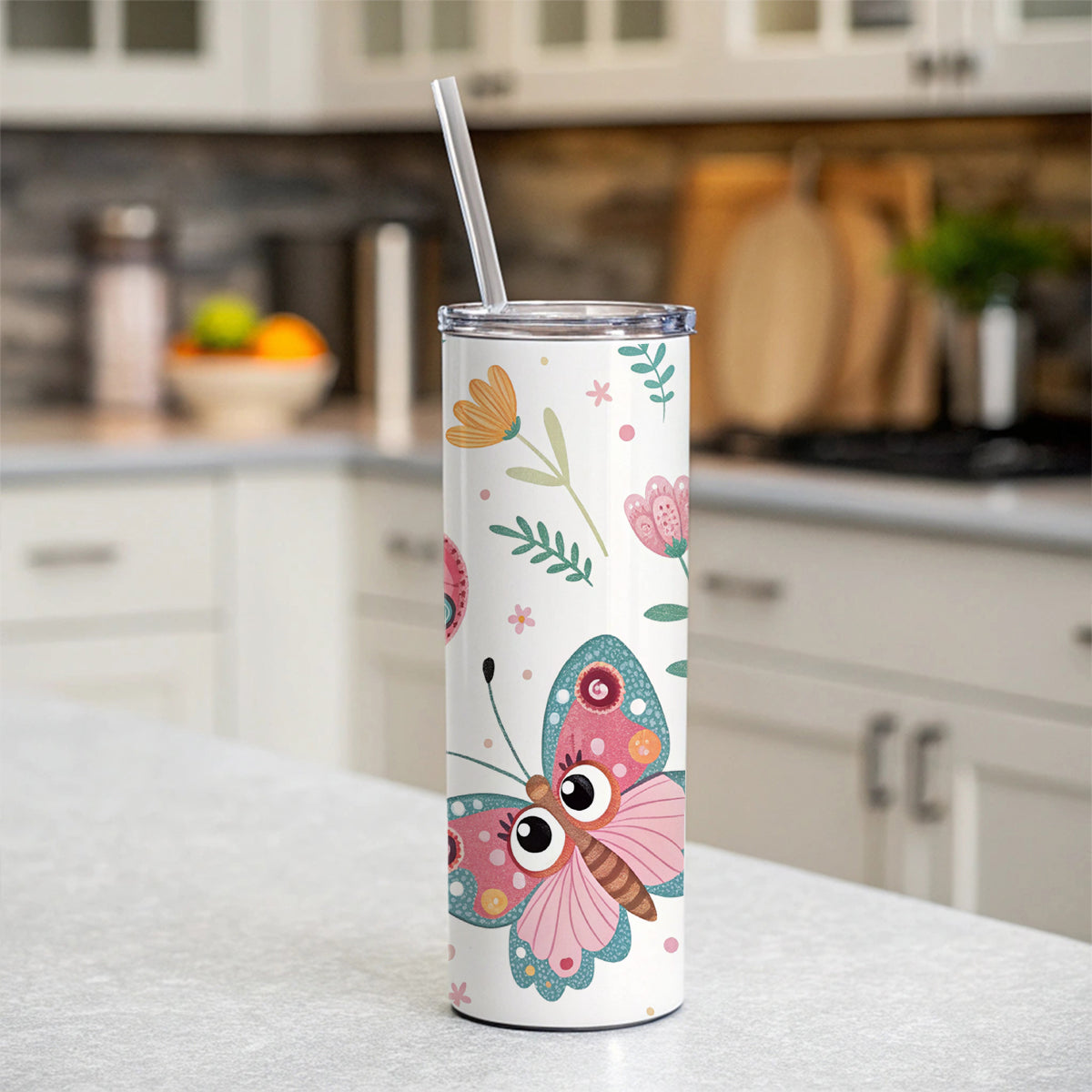 Adorable Butterflies Skinny Tumbler 20oz with Straw Insulated Water Bottle Gift