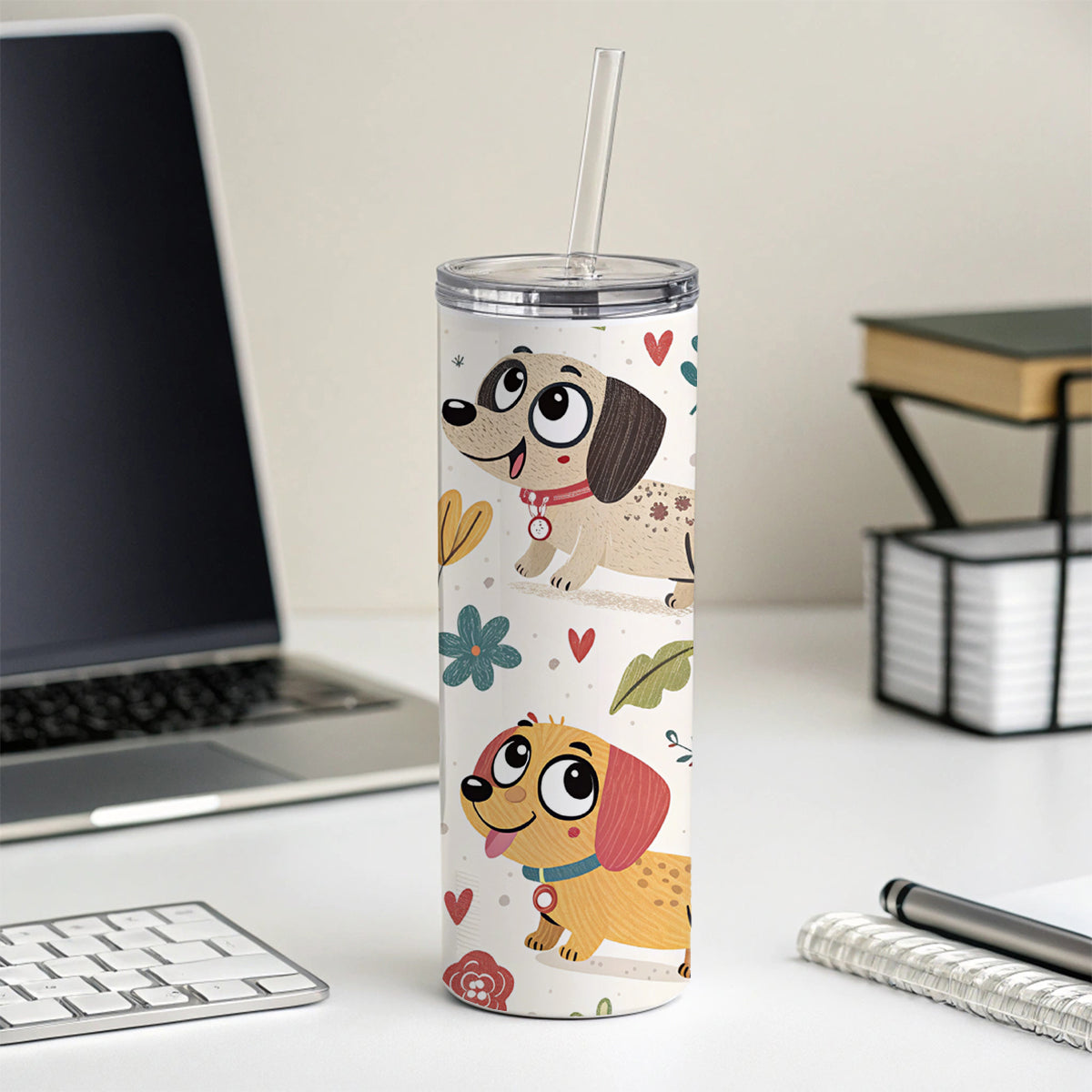Adorable Dogs Skinny Tumbler 20oz with Straw Insulated Water Bottle Gift
