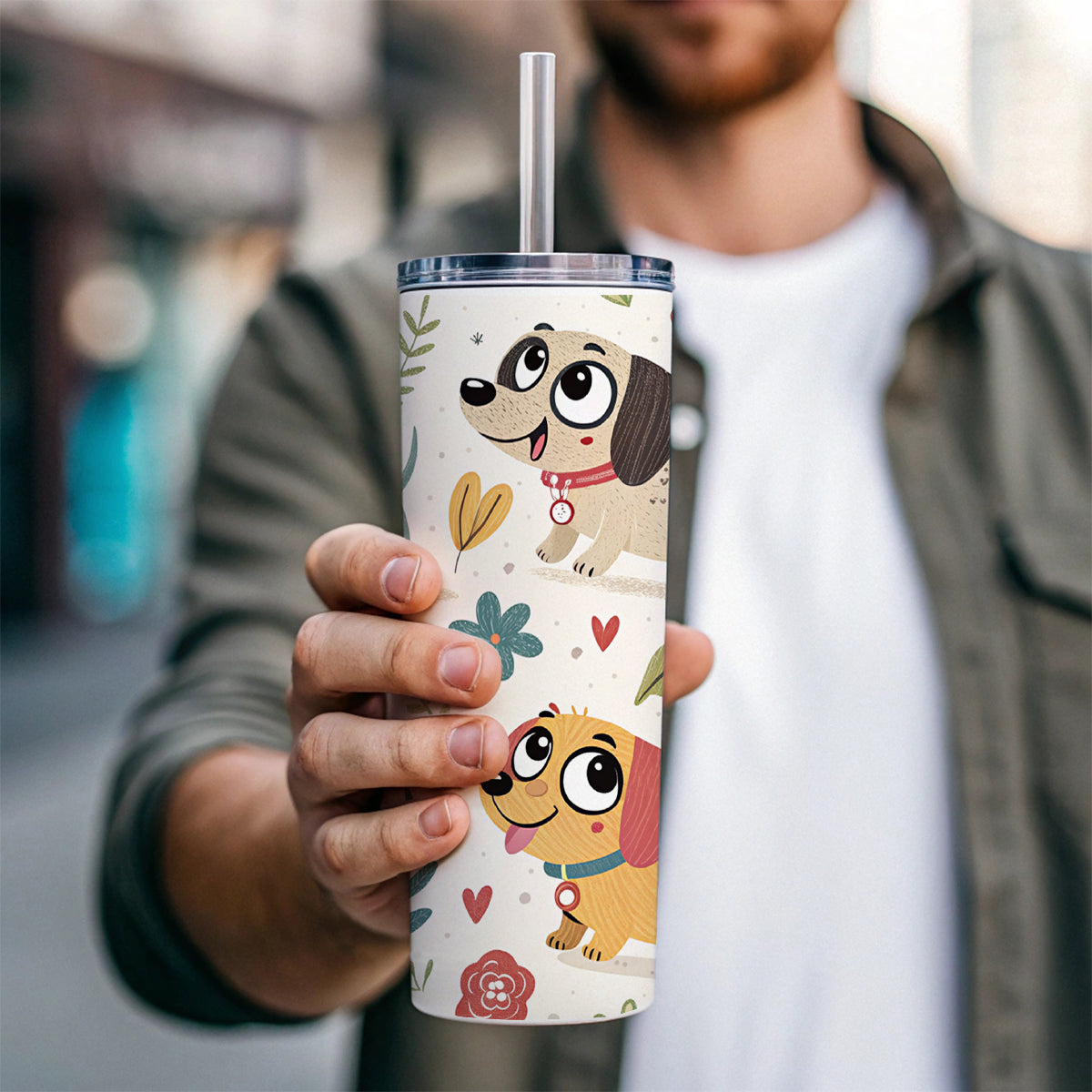 Adorable Dogs Skinny Tumbler 20oz with Straw Insulated Water Bottle Gift