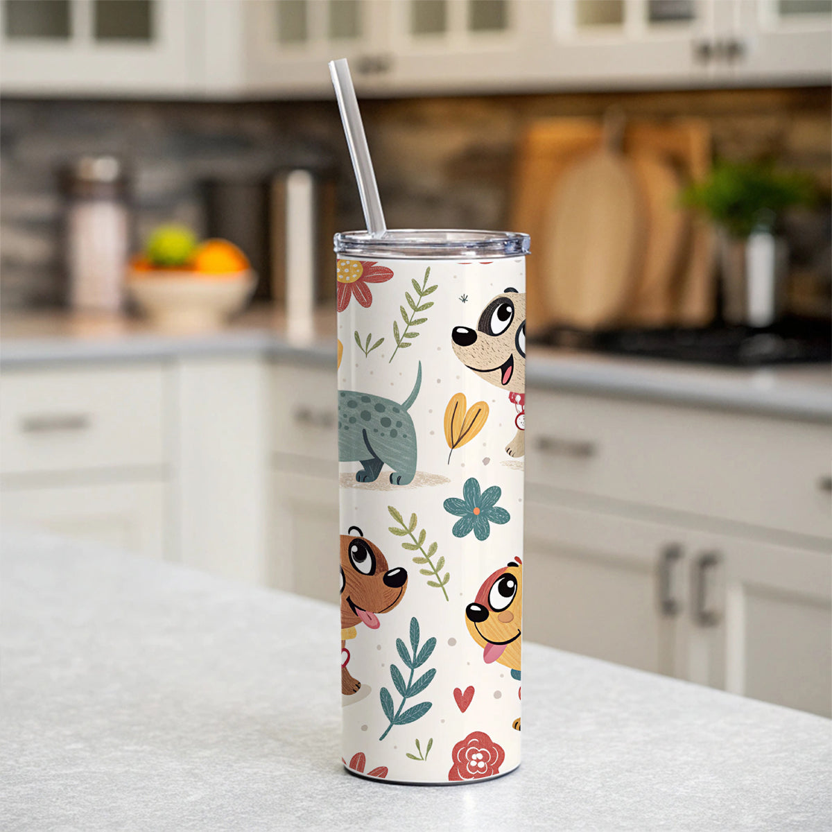 Adorable Dogs Skinny Tumbler 20oz with Straw Insulated Water Bottle Gift