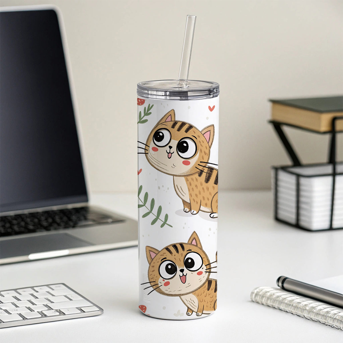 Adorable Tabby Cats Skinny Tumbler 20oz with Straw Insulated Water Bottle Gift