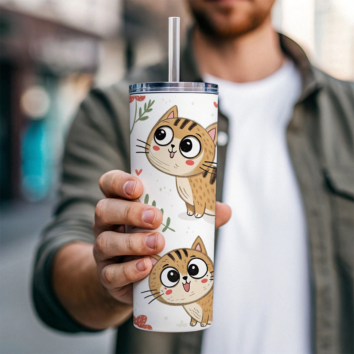 Adorable Tabby Cats Skinny Tumbler 20oz with Straw Insulated Water Bottle Gift