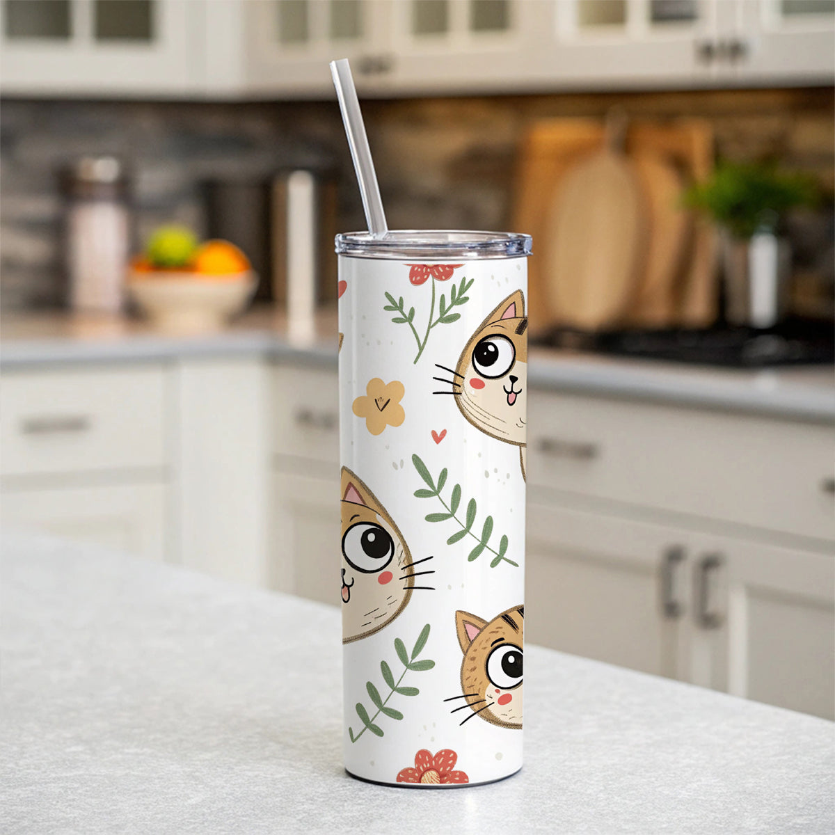 Adorable Tabby Cats Skinny Tumbler 20oz with Straw Insulated Water Bottle Gift