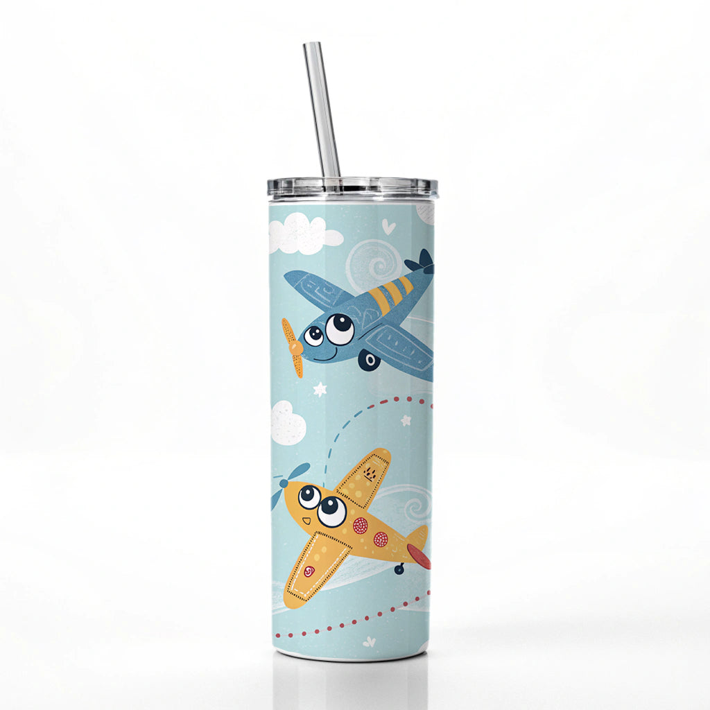 Airplanes Cute Cartoon Skinny Tumbler 20oz with Straw Insulated Water Bottle Gift