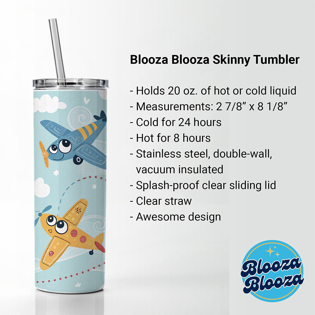 Airplanes Cute Cartoon Skinny Tumbler 20oz with Straw Insulated Water Bottle Gift